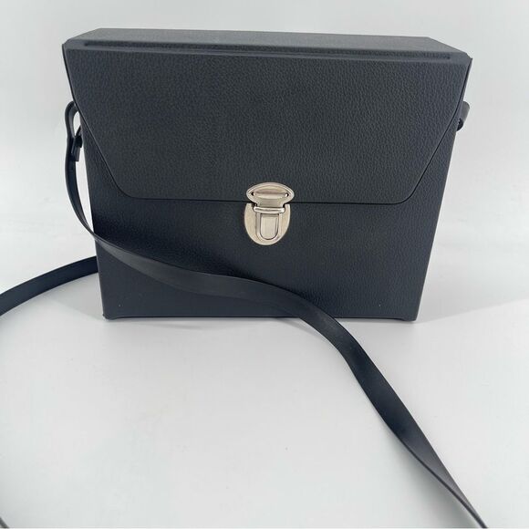 Vintage Black Faux Leather Structured Push Lock Binoculars Crossbody Case Bag - Picture 3 of 11